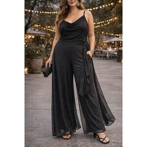 Onyx Nite Black Glitter Wide Leg Pants XL Wrap Tie Overlay Sheer Layer NWT